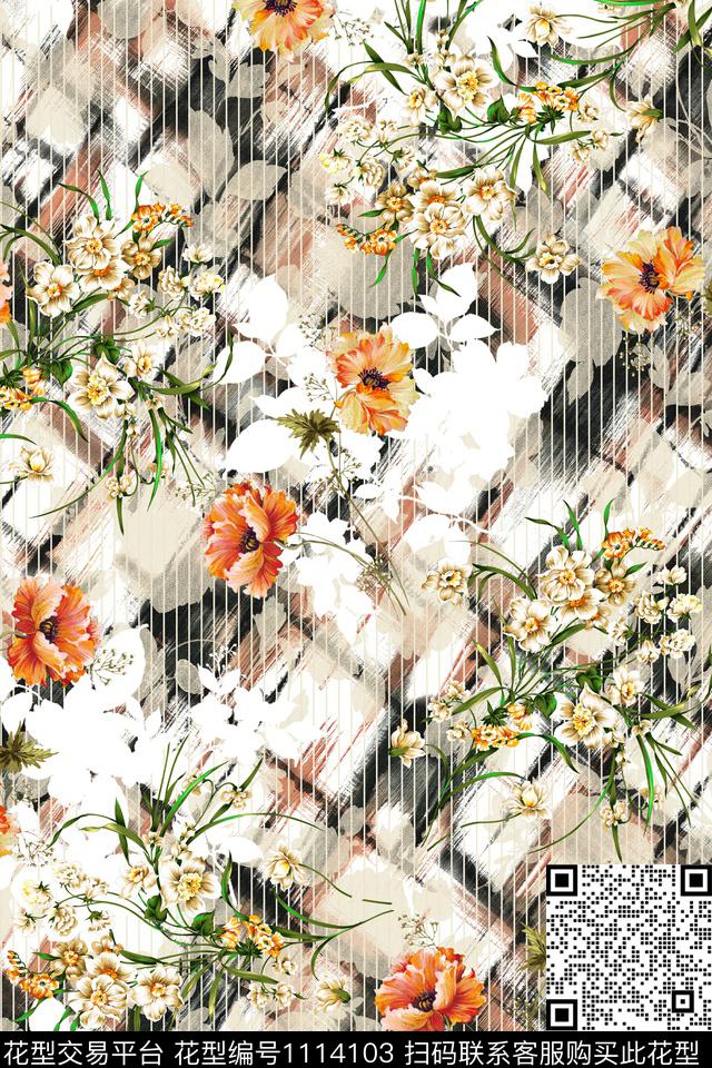 橘色花色.jpg - 1114103 - 橘色花卉 油画花型 复古旗袍风 - 数码印花花型 － 女装花型设计 － 瓦栏