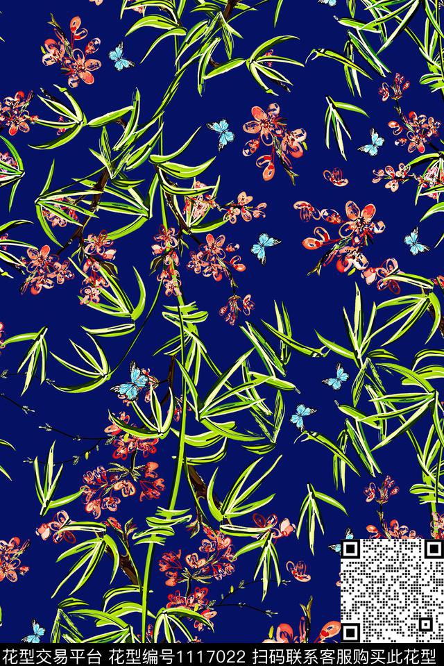 18038.jpg - 1117022 - 女装 绿植树叶 蝴蝶 - 数码印花花型 － 女装花型设计 － 瓦栏