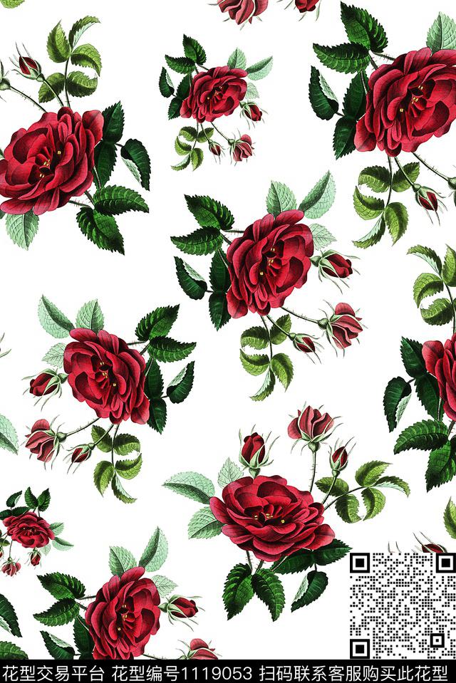 18056-1.jpg - 1119053 - 女装 手绘花卉 玫瑰花 - 数码印花花型 － 女装花型设计 － 瓦栏