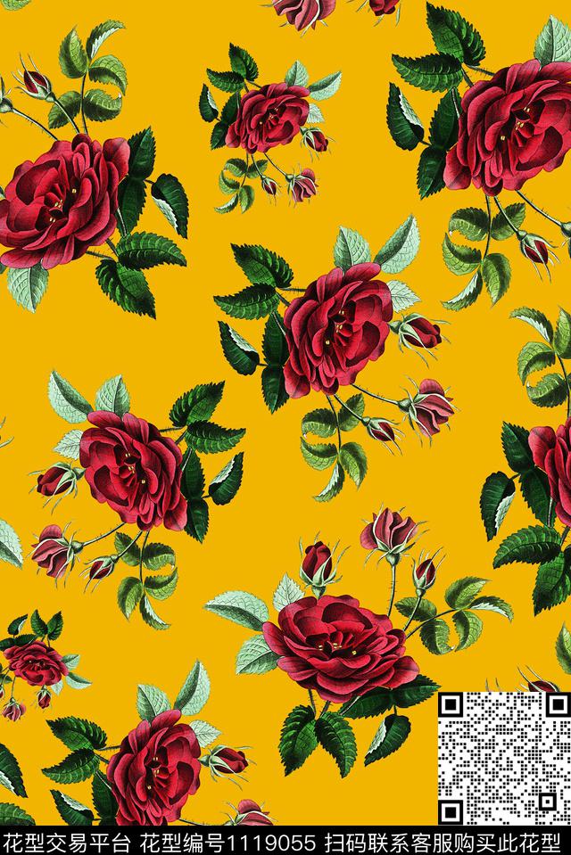 18056-3.jpg - 1119055 - 女装 手绘花卉 玫瑰花 - 数码印花花型 － 女装花型设计 － 瓦栏