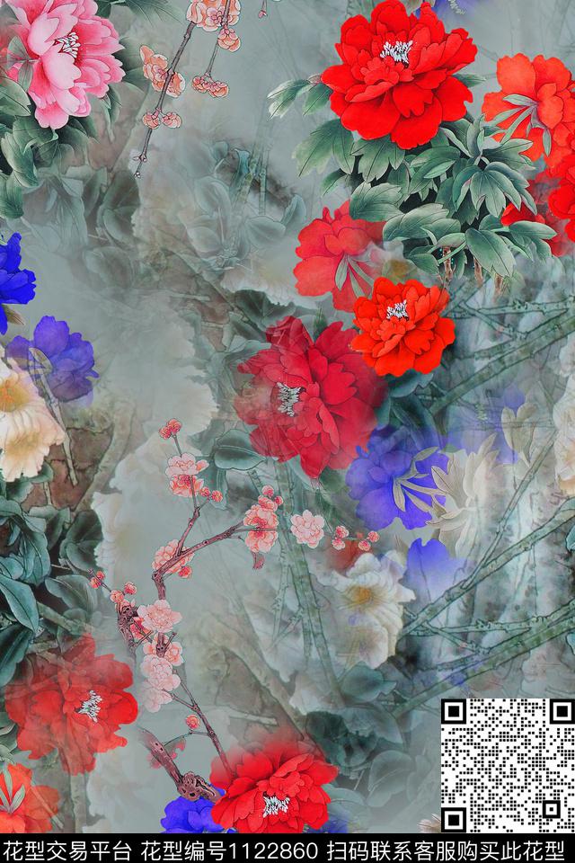 国画.jpg - 1122860 - 中国 复古旗袍 大牌风 - 数码印花花型 － 女装花型设计 － 瓦栏