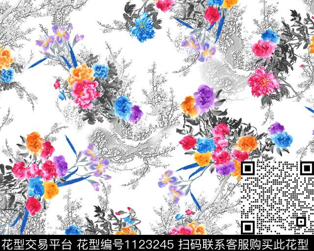 3260574881-49.jpg - 1123245 - 抽象 花卉 白底花 - 传统印花花型 － 女装花型设计 － 瓦栏