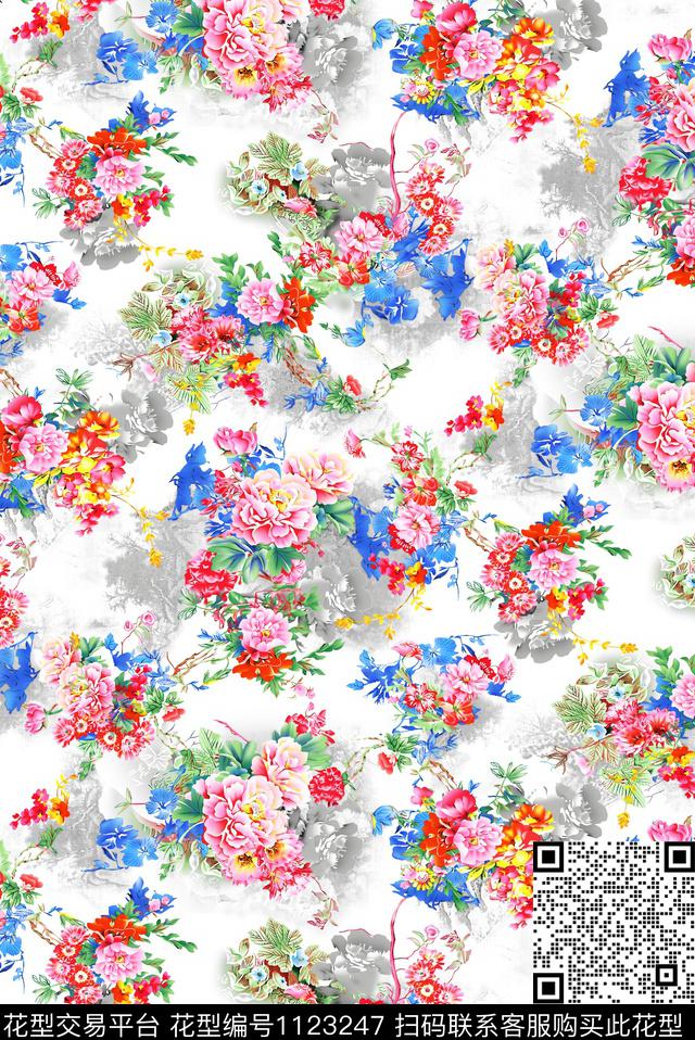 3260574881-51.jpg - 1123247 - 抽象 花卉 白底花 - 传统印花花型 － 女装花型设计 － 瓦栏