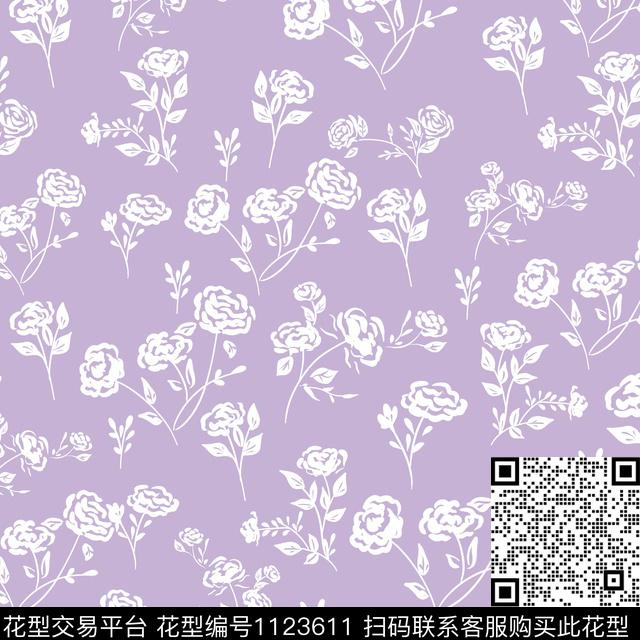 浅紫色底玫瑰.jpg - 1123611 - 手绘玫瑰 数码花型 小碎花 - 数码印花花型 － 女装花型设计 － 瓦栏