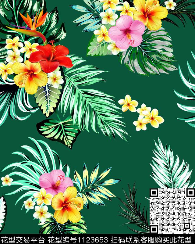 热带木槿花3..sd.jpg - 1123653 - 手绘花卉 小碎花 热带花型 - 数码印花花型 － 女装花型设计 － 瓦栏
