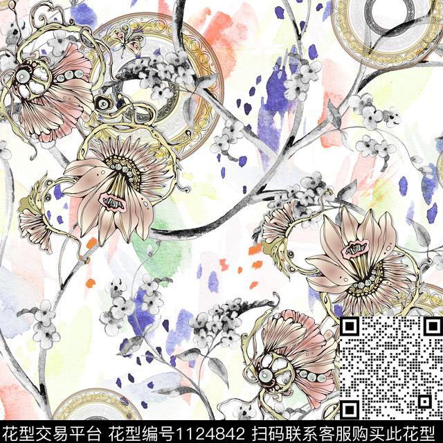 民族风纹样肌理圆环碎花.jpg - 1124842 - 抽象 肌理 花卉 - 数码印花花型 － 女装花型设计 － 瓦栏