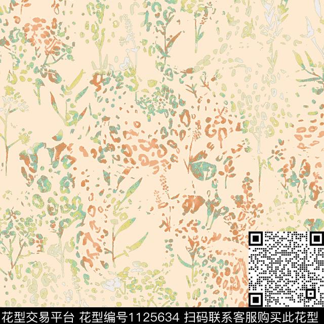 笔纹花卉豹纹-水墨-3.jpg - 1125634 - 豹纹 小碎花 动物 - 传统印花花型 － 女装花型设计 － 瓦栏