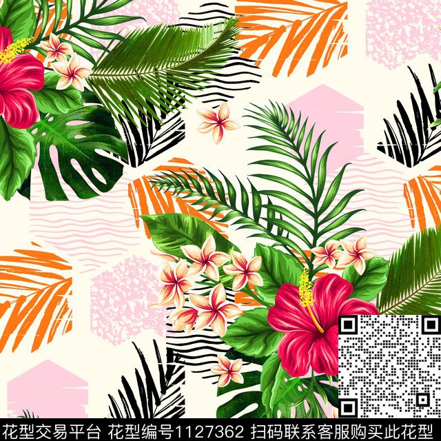 YS-0877F-1.jpg - 1127362 - 热带花型 绿植树叶 棕榈树 - 传统印花花型 － 女装花型设计 － 瓦栏