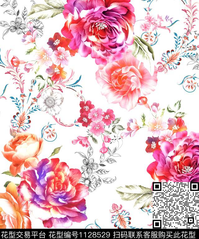 YS-0168F-1.jpg - 1128529 - 手绘大花 花卉 民族风 - 数码印花花型 － 女装花型设计 － 瓦栏