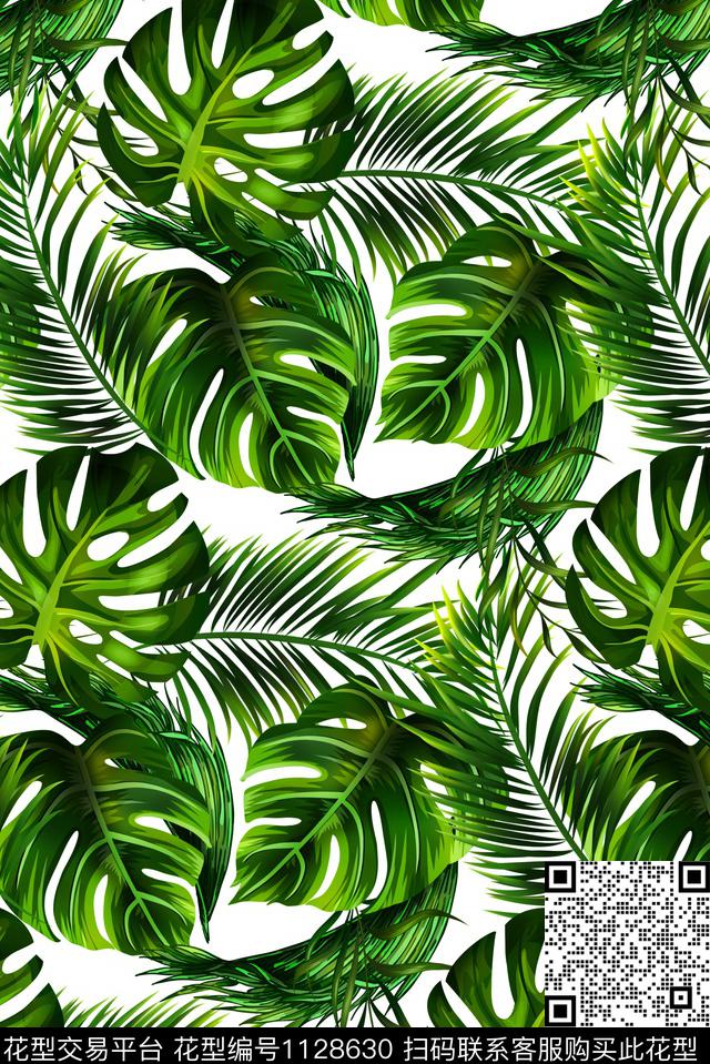 热带植物叶子.jpg - 1128630 - 绿植树叶 棕榈树 数码花型 - 数码印花花型 － 女装花型设计 － 瓦栏