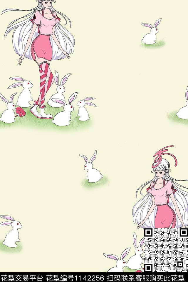 插画24.jpg - 1142256 - 兔子 清爽 卡通人物 - 传统印花花型 － 女装花型设计 － 瓦栏