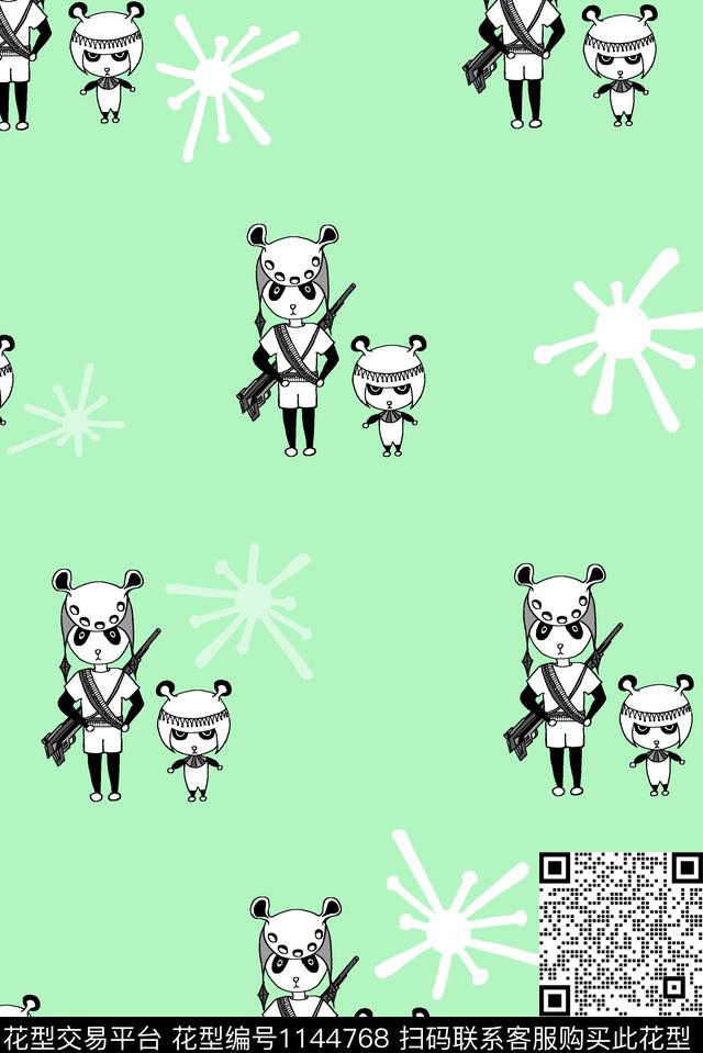 插画27.jpg - 1144768 - 手绘玫瑰 熊猫 绿色 - 传统印花花型 － 女装花型设计 － 瓦栏