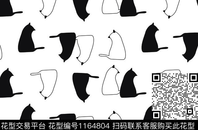黑白猫.jpg - 1164804 - 线条画 童装 黑白花型 - 传统印花花型 － 童装花型设计 － 瓦栏