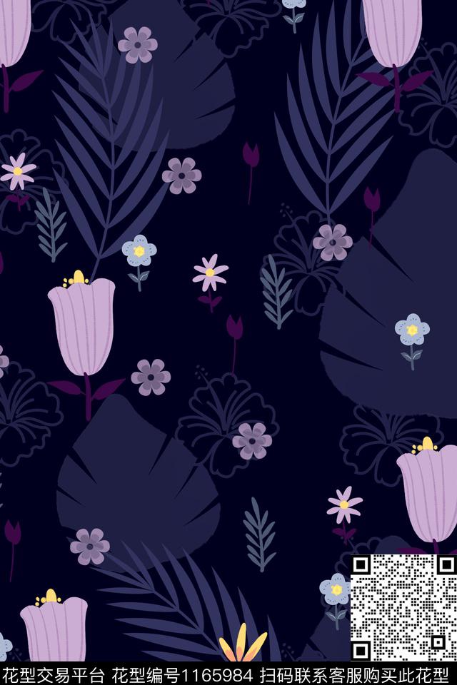 深底紫花.jpg - 1165984 - 大牌风 植物 数码花型 - 数码印花花型 － 女装花型设计 － 瓦栏