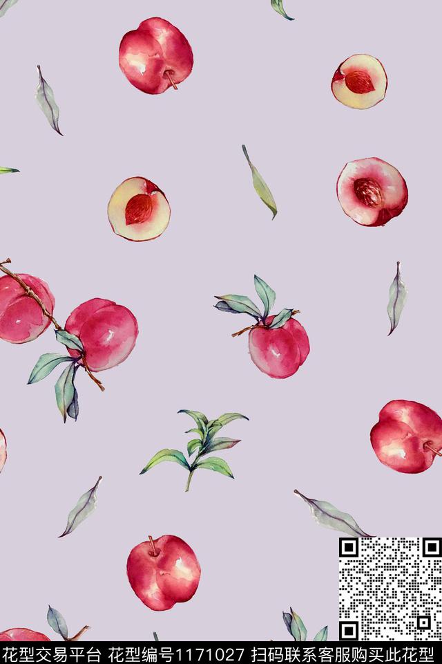 桃子3-1.jpg - 1171027 - 水彩 数码花型 水果 - 数码印花花型 － 女装花型设计 － 瓦栏