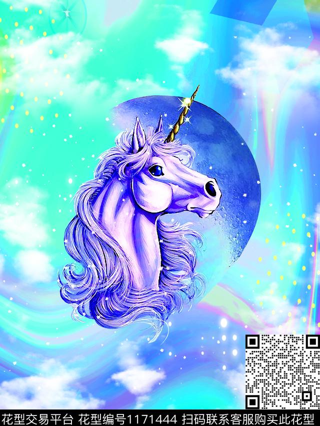 梦幻女马-蓝（H80.jpg - 1171444 - 天空 动物 蓝色 - 数码印花花型 － 女装花型设计 － 瓦栏