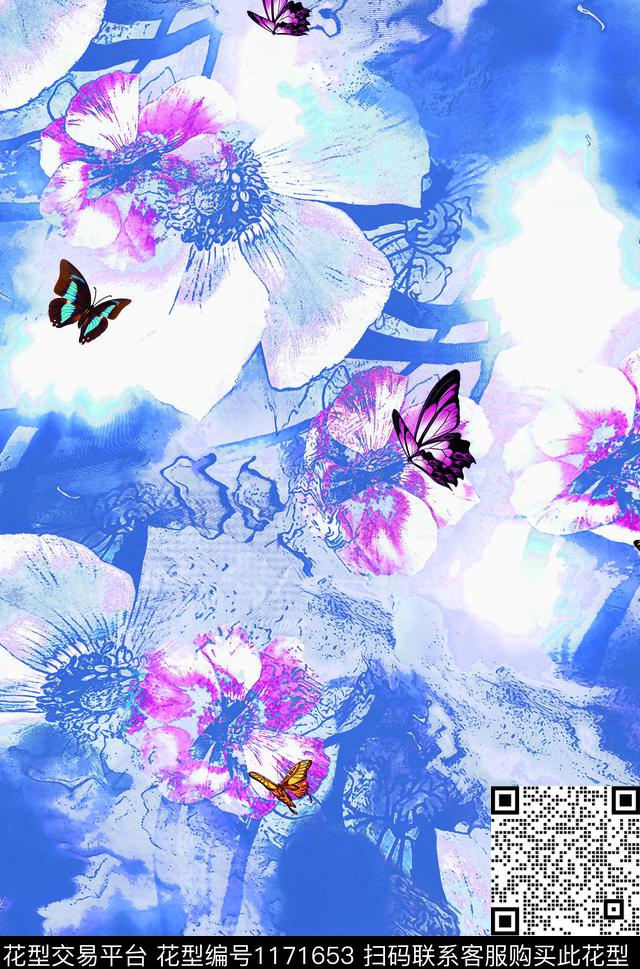 30-蝴蝶花.jpg - 1171653 - 数码花型 花卉 大牌风 - 数码印花花型 － 女装花型设计 － 瓦栏