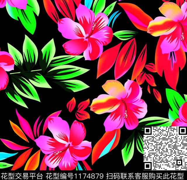 1902-黑底红花.jpg - 1174879 - 数码花型 花卉 红花 - 数码印花花型 － 泳装花型设计 － 瓦栏