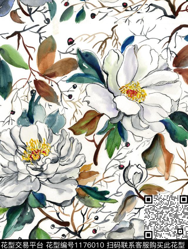 177060.jpg - 1176010 - 树枝 水彩手绘 数码花型 - 数码印花花型 － 女装花型设计 － 瓦栏