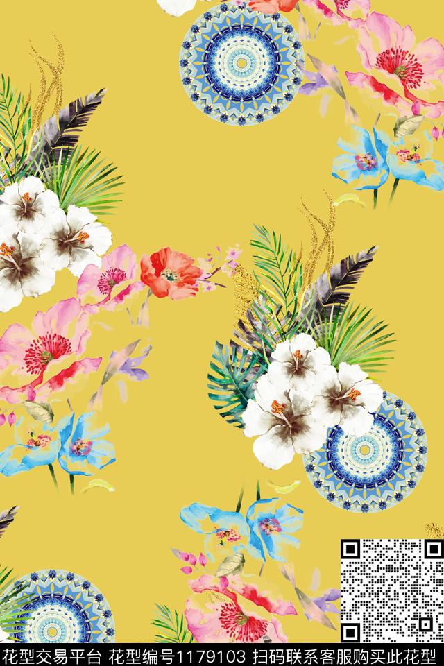 热带花型水彩花束曼陀罗-1.jpg - 1179103 - 水彩花卉 热带花型 曼陀罗 - 数码印花花型 － 女装花型设计 － 瓦栏