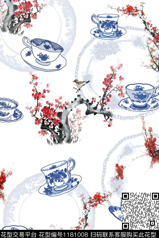 YX17.jpg - 1181008 - 水彩花卉 青花瓷 中国 - 数码印花花型 － 女装花型设计 － 瓦栏