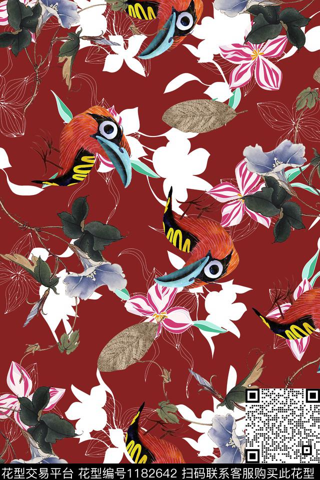 85-时尚花卉鹦鹉服装面料花型.jpg - 1182642 - 数码花型 鹦鹉 花卉 - 数码印花花型 － 女装花型设计 － 瓦栏
