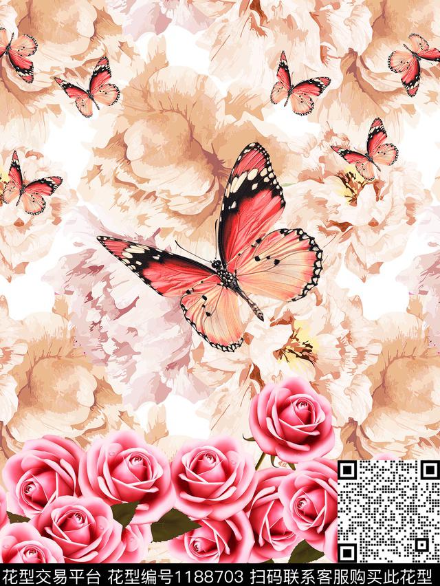 20479.jpg - 1188703 - 蝴蝶 花卉 定位花 - 数码印花花型 － 女装花型设计 － 瓦栏