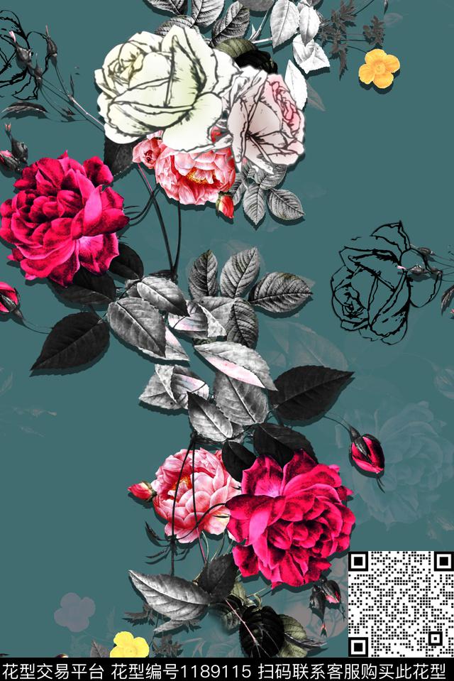 HY1-013C.jpg - 1189115 - 手绘 花卉 风格化花卉 - 数码印花花型 － 女装花型设计 － 瓦栏