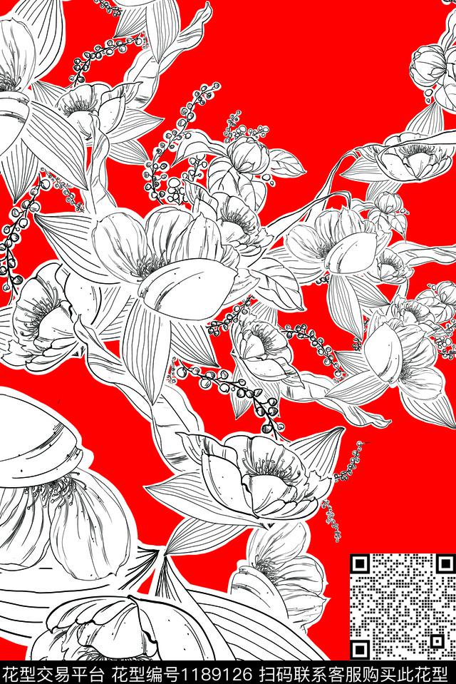 未标题-67.jpg - 1189126 - 手绘 黑白花型 彩底花卉 - 数码印花花型 － 女装花型设计 － 瓦栏