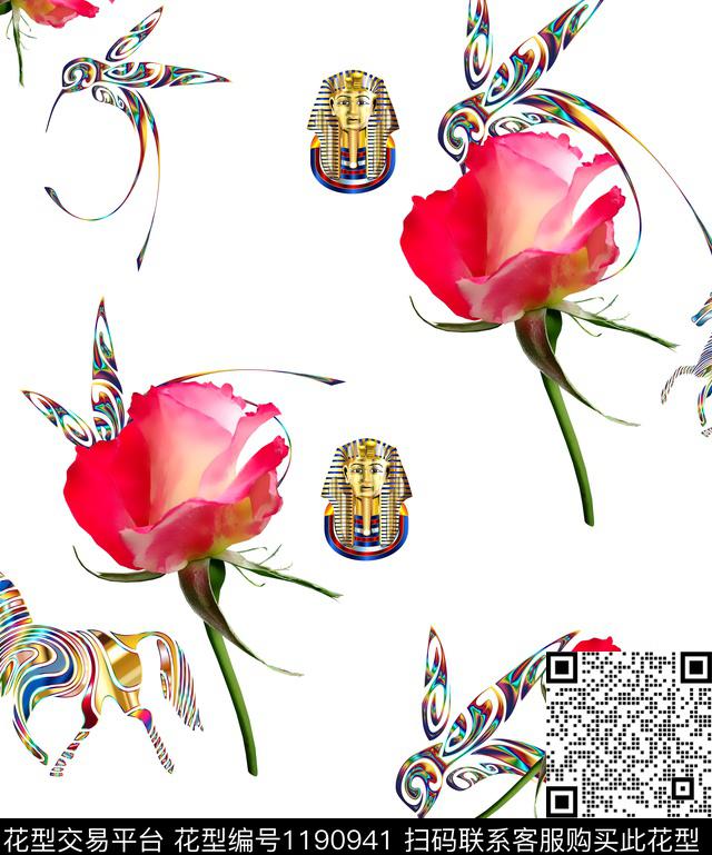 抽象动物清爽花卉1.jpg - 1190941 - 清爽底花卉 抽象 动物 - 数码印花花型 － 女装花型设计 － 瓦栏