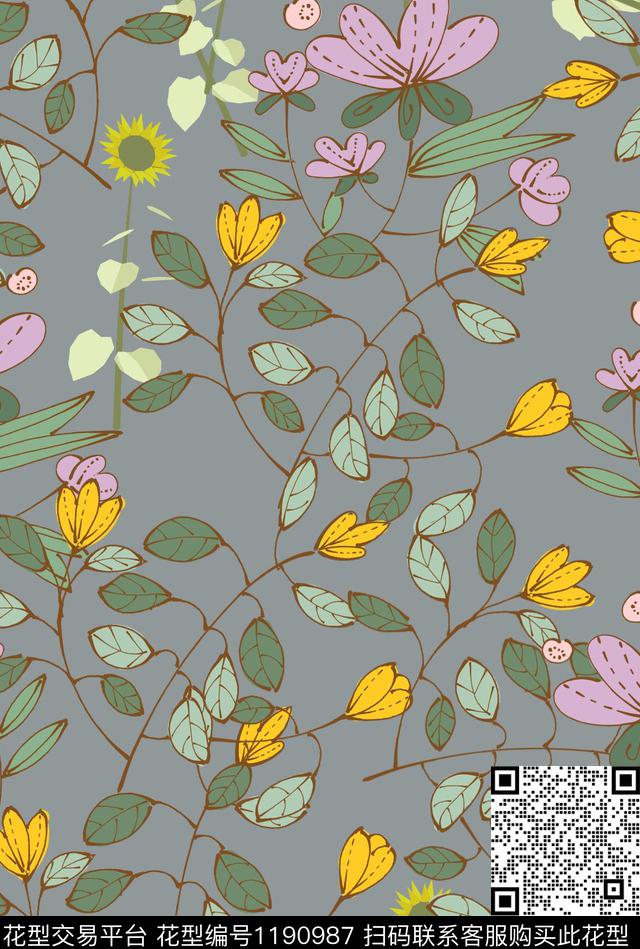 233.jpg - 1190987 - 花卉 绿植树叶 小清新 - 传统印花花型 － 女装花型设计 － 瓦栏