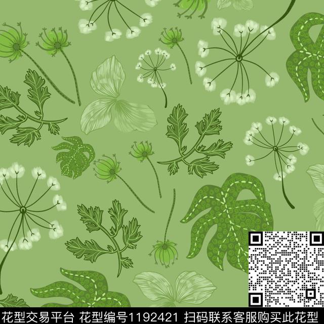 绿叶.jpg - 1192421 - 绿植树叶 绿色 绿植 - 数码印花花型 － 女装花型设计 － 瓦栏