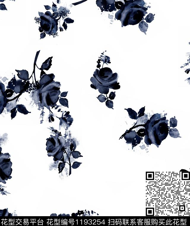 R1903005.jpg - 1193254 - 手绘玫瑰 西装 深蓝 - 数码印花花型 － 男装花型设计 － 瓦栏