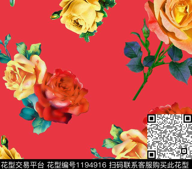 油画玫瑰花卉1.jpg - 1194916 - 清爽底花卉 油画花型 玫瑰花 - 数码印花花型 － 女装花型设计 － 瓦栏