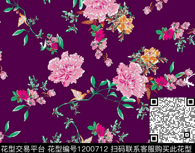 35牡丹花鸟图紫色组.jpg - 1200712 - 花卉 牡丹 创意 - 传统印花花型 － 女装花型设计 － 瓦栏