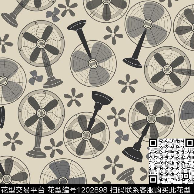 风扇图案.jpg - 1202898 - 复古 电扇 灰色 - 传统印花花型 － 女装花型设计 － 瓦栏