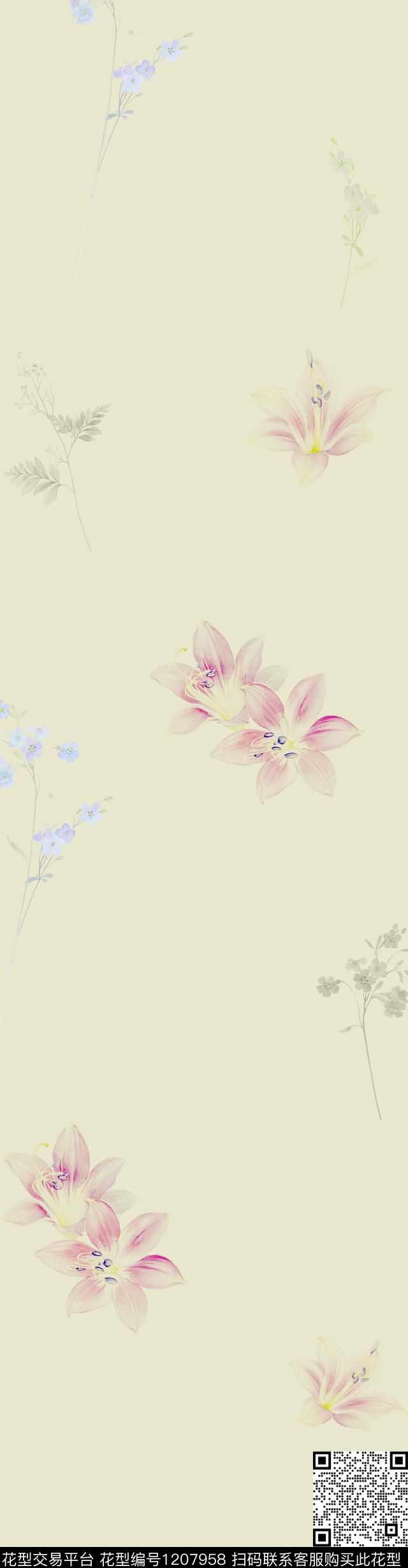 未标题-3.jpg - 1207958 - 百合 花卉 印花 - 传统印花花型 － 床品花型设计 － 瓦栏