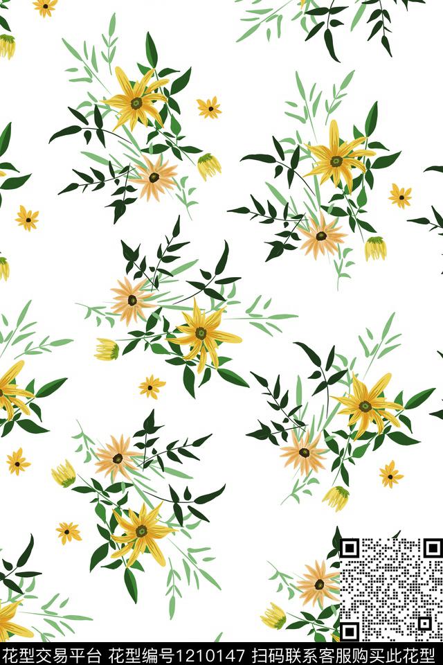 18.jpg - 1210147 - 时尚 小雏菊 绿植树叶 - 传统印花花型 － 女装花型设计 － 瓦栏