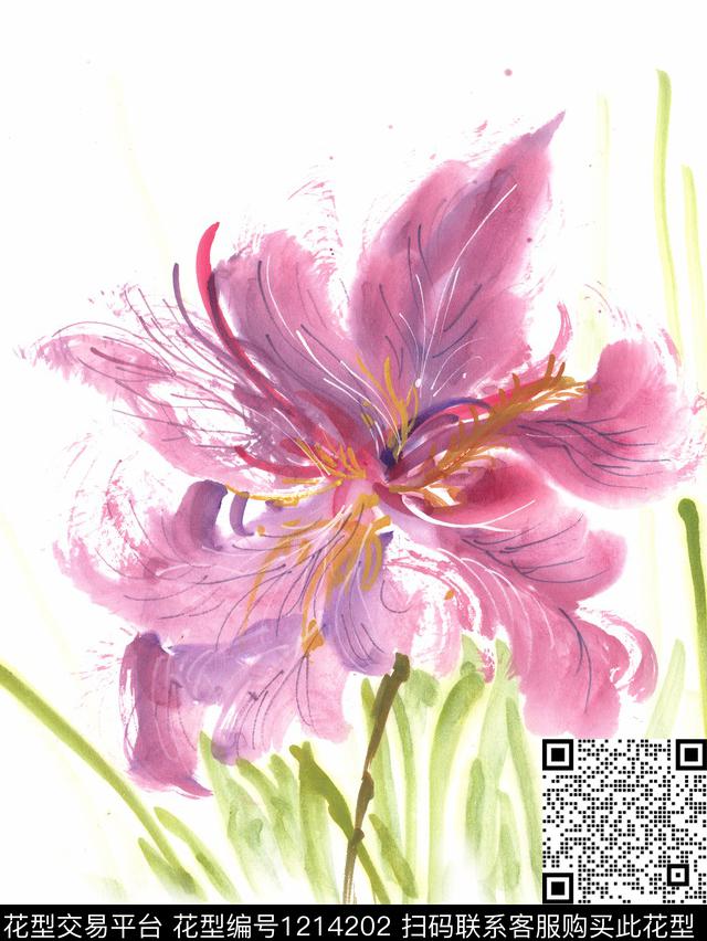 紫色的花卉.jpg - 1214202 - 手绘 花卉 植物 - 数码印花花型 － 女装花型设计 － 瓦栏
