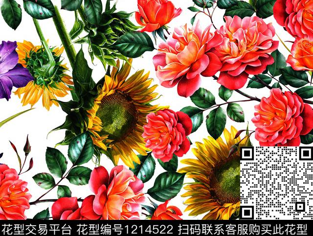 向日葵-白2.jpg - 1214522 - 花卉 向日葵 玫瑰花 - 数码印花花型 － 女装花型设计 － 瓦栏