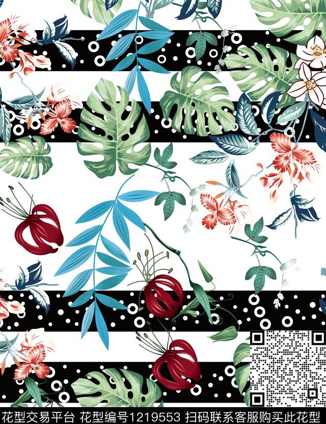 清爽热带植物花卉.jpg - 1219553 - 数码花型 花卉 绿植树叶 - 数码印花花型 － 女装花型设计 － 瓦栏