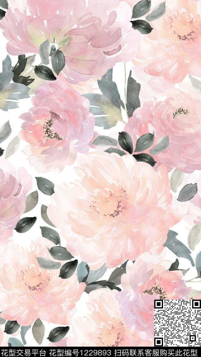 XH1907109.jpg - 1229893 - 国画 水彩花卉 花卉 - 数码印花花型 － 女装花型设计 － 瓦栏