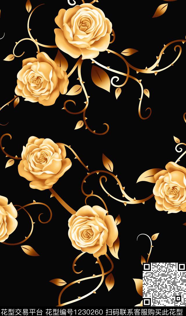 黄金玫瑰花.jpg - 1230260 - 大牌风 花卉 数码花型 - 数码印花花型 － 女装花型设计 － 瓦栏