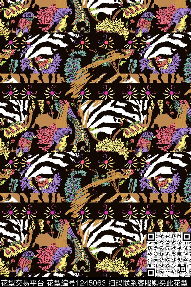 斑马纹树叶鸟.jpg - 1245063 - 斑马纹 花卉 抽象 - 传统印花花型 － 女装花型设计 － 瓦栏