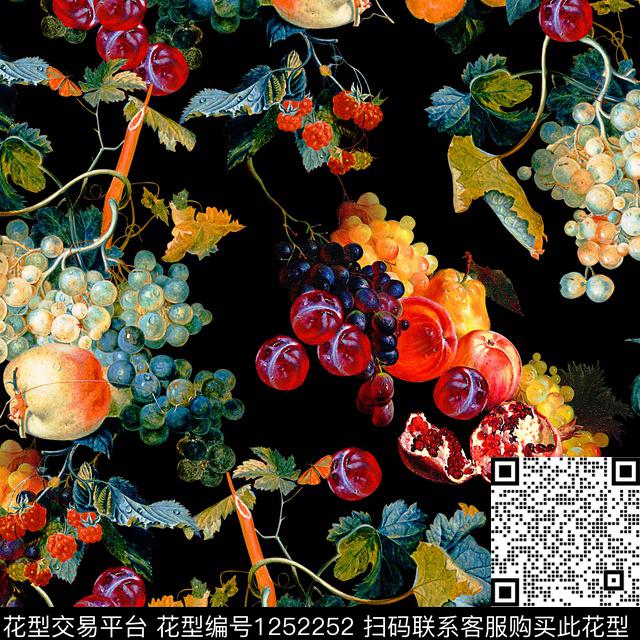 油画葡萄.jpg - 1252252 - 印花 水果 复古 - 数码印花花型 － 女装花型设计 － 瓦栏
