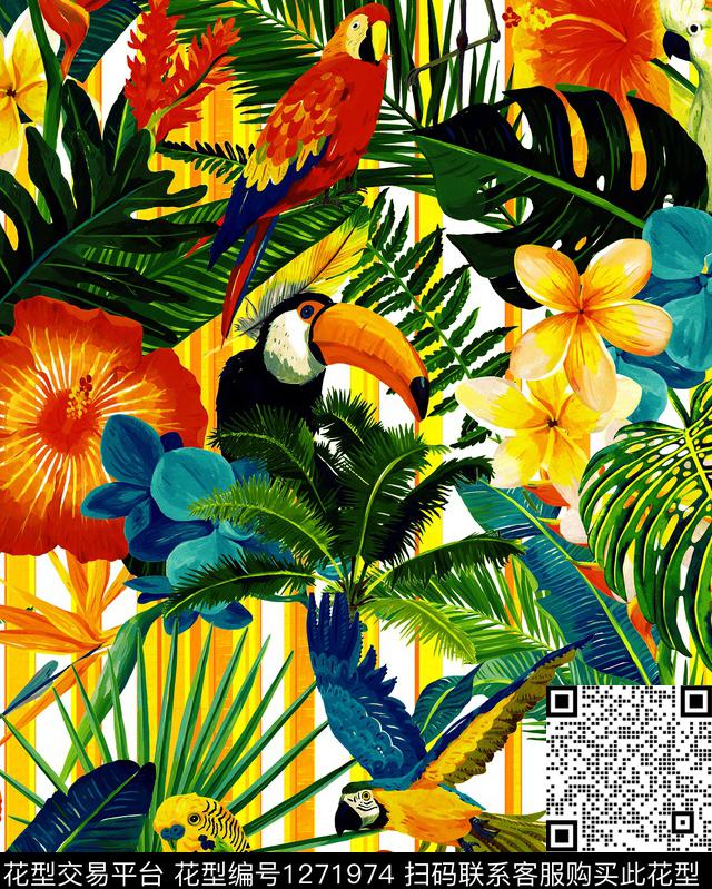 热鸟2.jpg - 1271974 - 鸟 绿植树叶 花卉 - 数码印花花型 － 男装花型设计 － 瓦栏