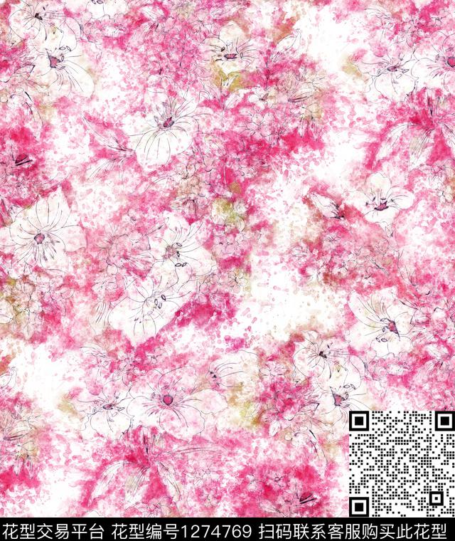 M1910187F.tif - 1274769 - 水彩 花卉 抽象 - 数码印花花型 － 女装花型设计 － 瓦栏