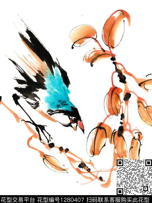 蓝色的小鸟.jpg - 1280407 - 鸟 花鸟 手绘 - 数码印花花型 － 女装花型设计 － 瓦栏