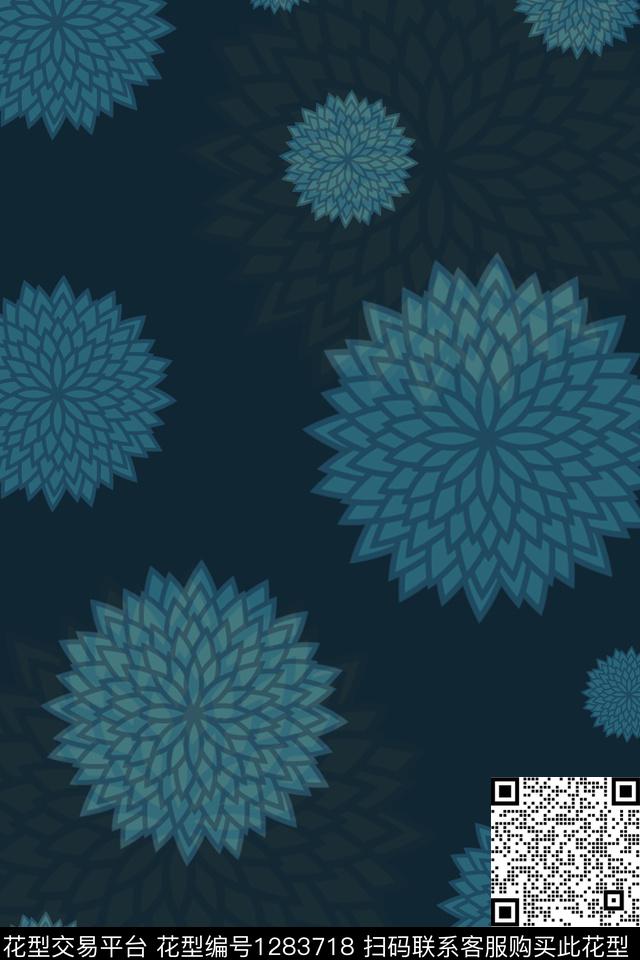 蓝色.jpg - 1283718 - 圆形 蓝色 数码花型 - 数码印花花型 － 床品花型设计 － 瓦栏