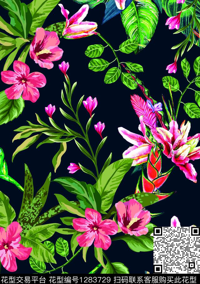 热带花.jpg - 1283729 - 花卉 扶桑花 热带花型 - 数码印花花型 － 女装花型设计 － 瓦栏